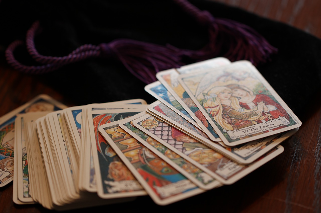 Tarot cards open on a table