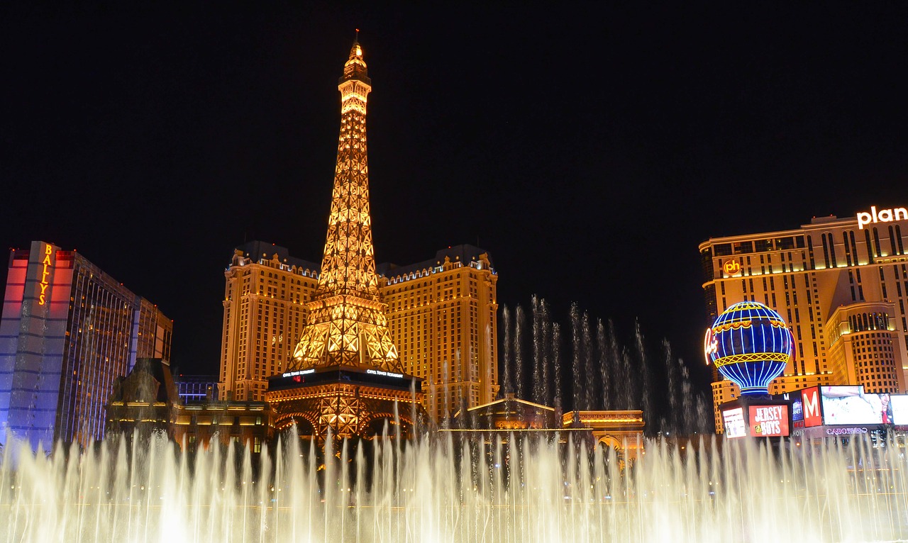 Tower at Paris casino in Las Vegas at night